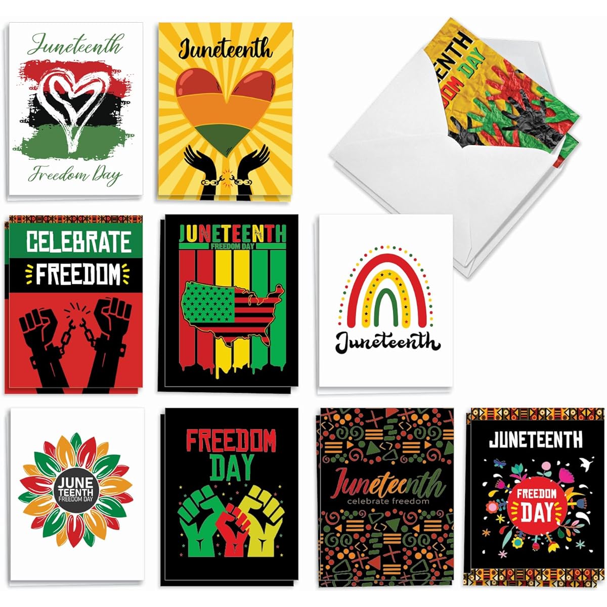 The Best Card Company Juneteenth Notebook Assortment Box Set of 20 4 x 5.12 Inch with Envelopes (10 Designs, 2 of Each) Freedom Forever AM10984JTG-B2x10