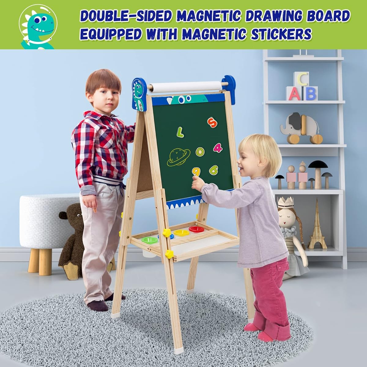 Easel for Kids, Wooden Art Easel, Adjustable Standing Easel, Double Sided Drawing Easel with Paper Roll, Magnetic Chalkboard & Whiteboard for Kids Toddlers Birthday Holiday Gift