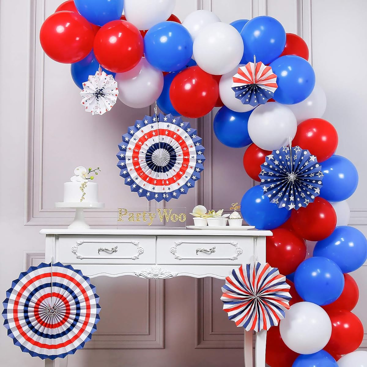 PartyWoo Red White Blue Balloons 66pcs 12inch Red Balloons White Balloons Royal Blue Balloons Paper Fans American Party Decorations Red White Blue Decorations American Party