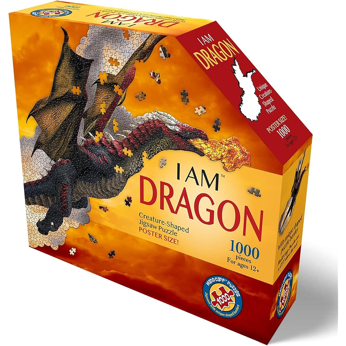 Madd Capp: I Am Dragon - 1000 Piece Dragon Shaped Jigsaw Puzzle 41x20 Finished Size with Educational Fun Fact Booklet Fantasy Puzzle