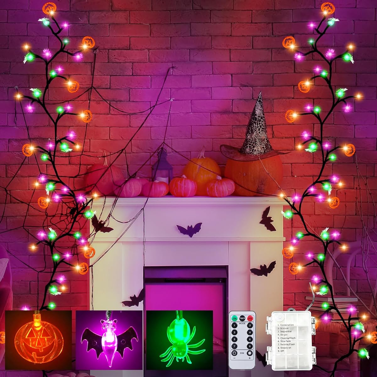 VIHOSE 2pcs Total 12ft 108 LED Halloween Willow Vine Twig Orange Green Purple Light Garland with Timer 8 Modes Waterproof Battery Operated Halloween Wall Home Decoration (Mosquito, Pumpkin, Spider)
