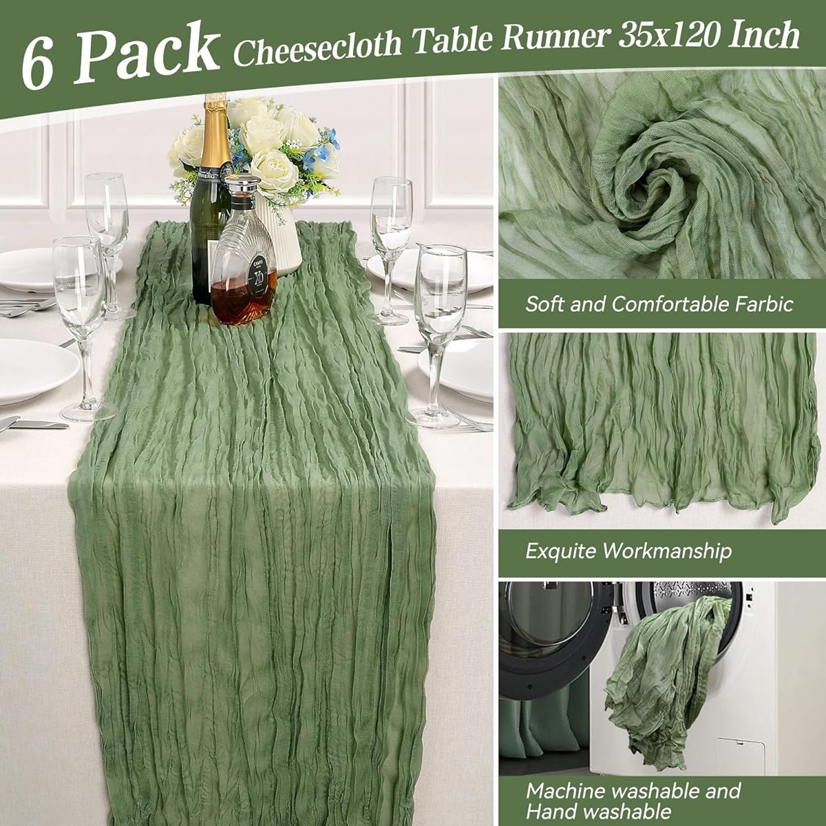 6 Pack 10ft Sage Green Cheesecloth Table Runner 35x120 Inch Boho Gauze Rustic Cheesecloth Table Runner Romantic Table Runner for Wedding Bridal Baby Shower Birthday Party Table Decoration