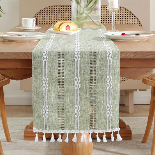 AUAUY Table Runner with Handmade Tassels, Boho Style Sage Green Woven Striped Polyester Fabric Table Runner Macrame Table Decorations for Holiday Party Dining Wedding Everyday (13 x 71 Inch)