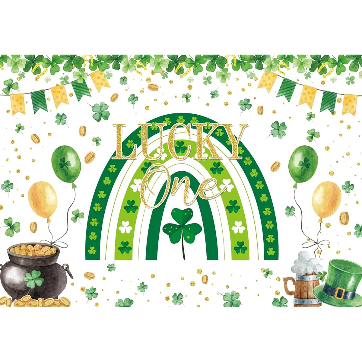 Felortte 5x3ft Polyester Shamrock Green Clover Rainbow Lucky One Backdrop Happy St Patrick's Day 1st Birthday Photography Background Irish Festival Party Decorations Banner Photo Booth Props