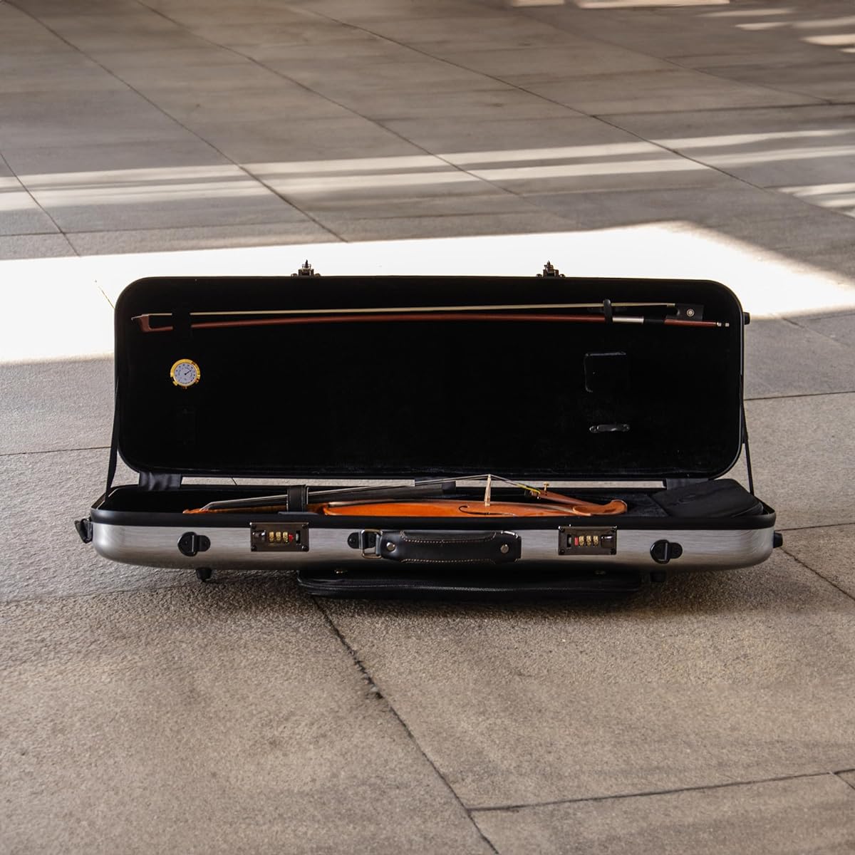 Christina carbon fiber rectangular violin case with hygrometer installed
