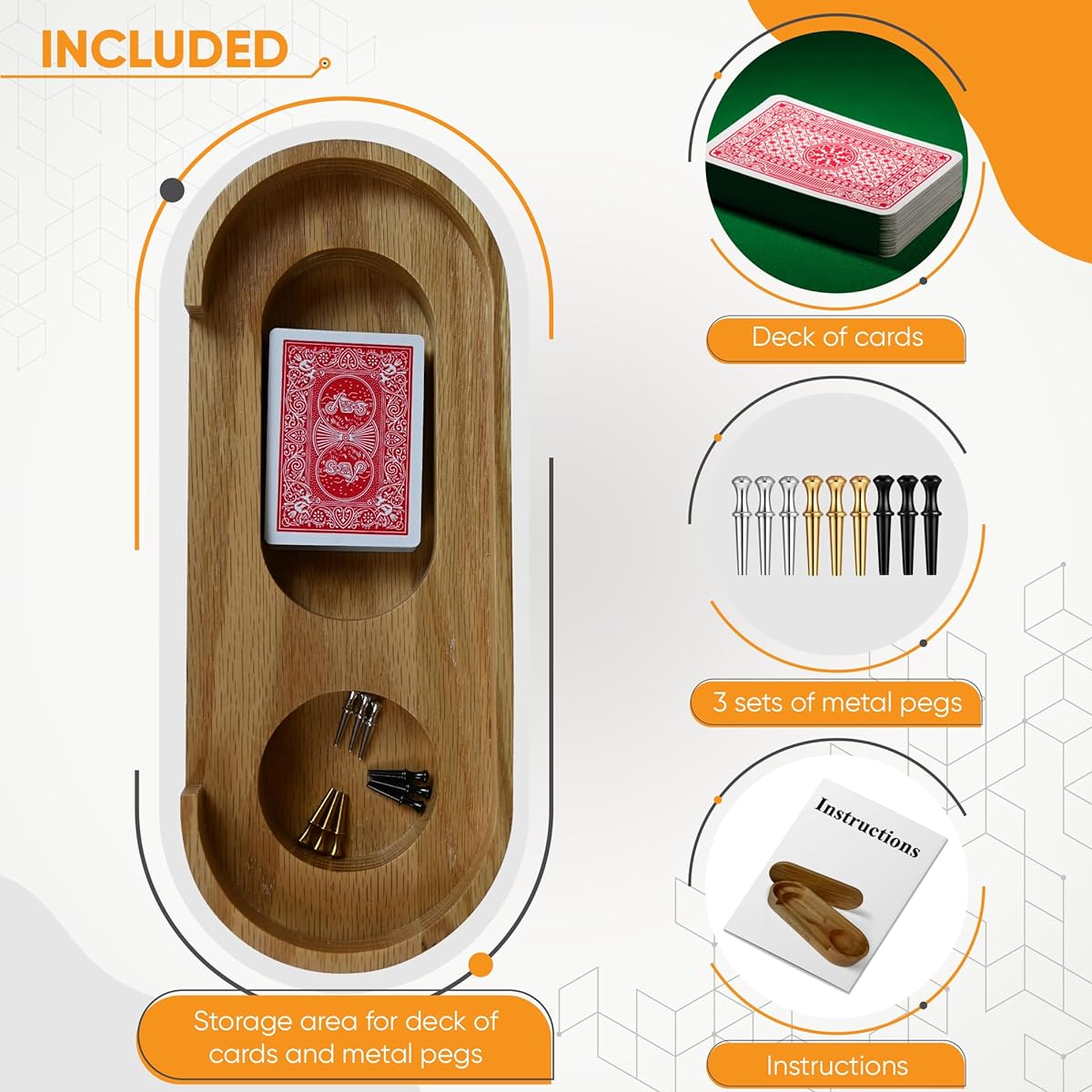 Premium Oak Cribbage Board Game Set - Unique Cribbage Board with Playing Cards, Metal Cribbage Board Pegs, Instructions and More - Beautifully Designed Board Game for the Family - Travel Cribbage Board