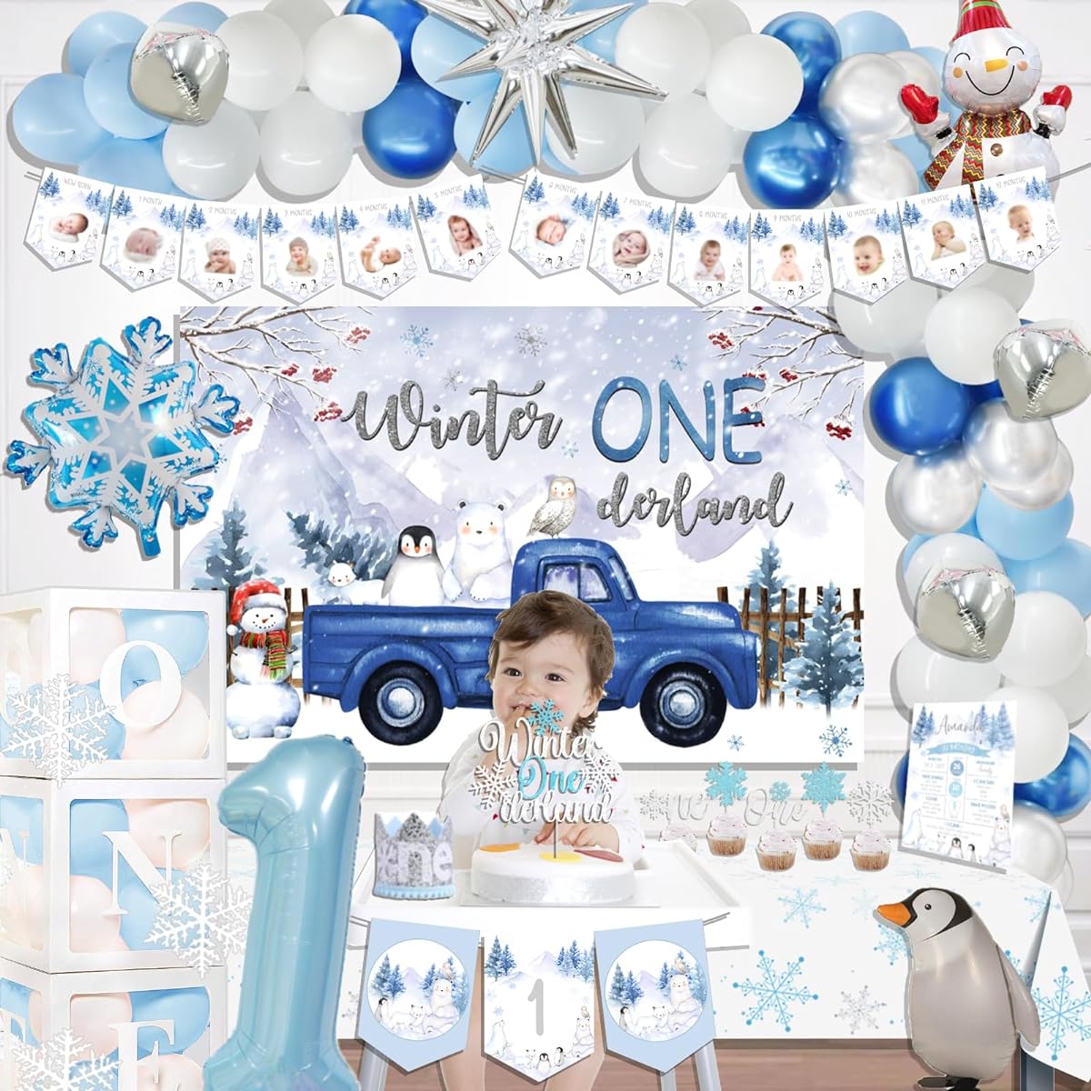 Hombae 1st Birthday Boy Decorations 131 Pieces Winter Wonder Frozen First Party Background Balloon Garland Monthly Photo High Chair Banner Table Cloth Cake Cupcake Topper Box Cut Out Crown Poster Blue