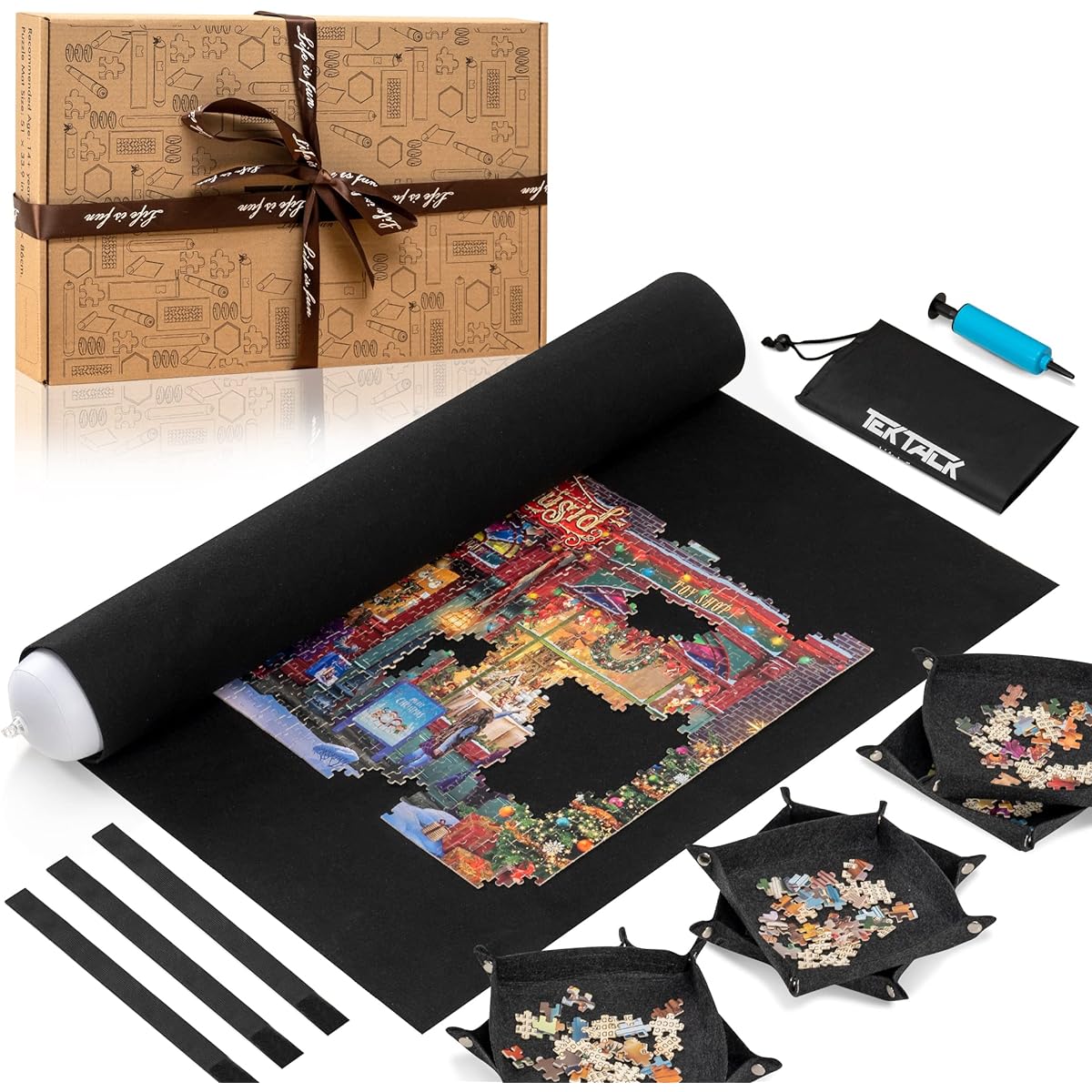 Tektalk Large Capacity Design with 6 Felt Sorting Trays Jigsaw Puzzle Roll Up Mat in Delicate Packaging Box with Hand Pump 2000 1500 1000 500 Jigsaw Puzzle Pieces