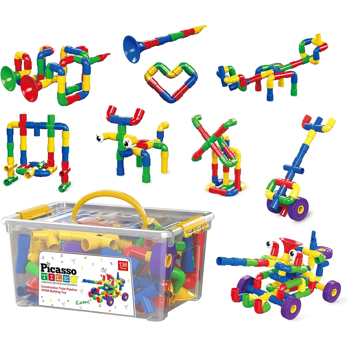 PicassoTiles PTT136 136 Piece Tubular Pipes and Spouts STEAM Interlocking Educational Building Blocks Set Tube Rock Pipework Construction Blocks with Storage Box Idea Book Flute Musical Instrument Kit