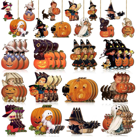 Thyle 36pcs Halloween Tree Ornament Decoration Wooden Pumpkin Ornament Vintage Wooden Hanging Tag Witch Kids Black Cat Crow Broom Hanging Pendant Halloween Home Party Decoration DIY Craft