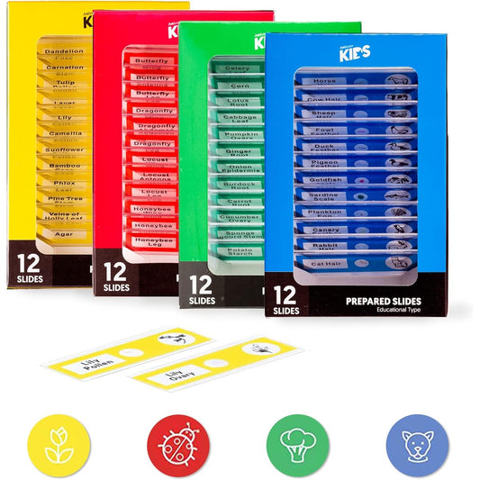 AMSCOPE Kids 48pcs Children's Plastic Prepared Animal, Insect, Plant and Flower Microscope Slide Samples Specimens for Stereo Microscope