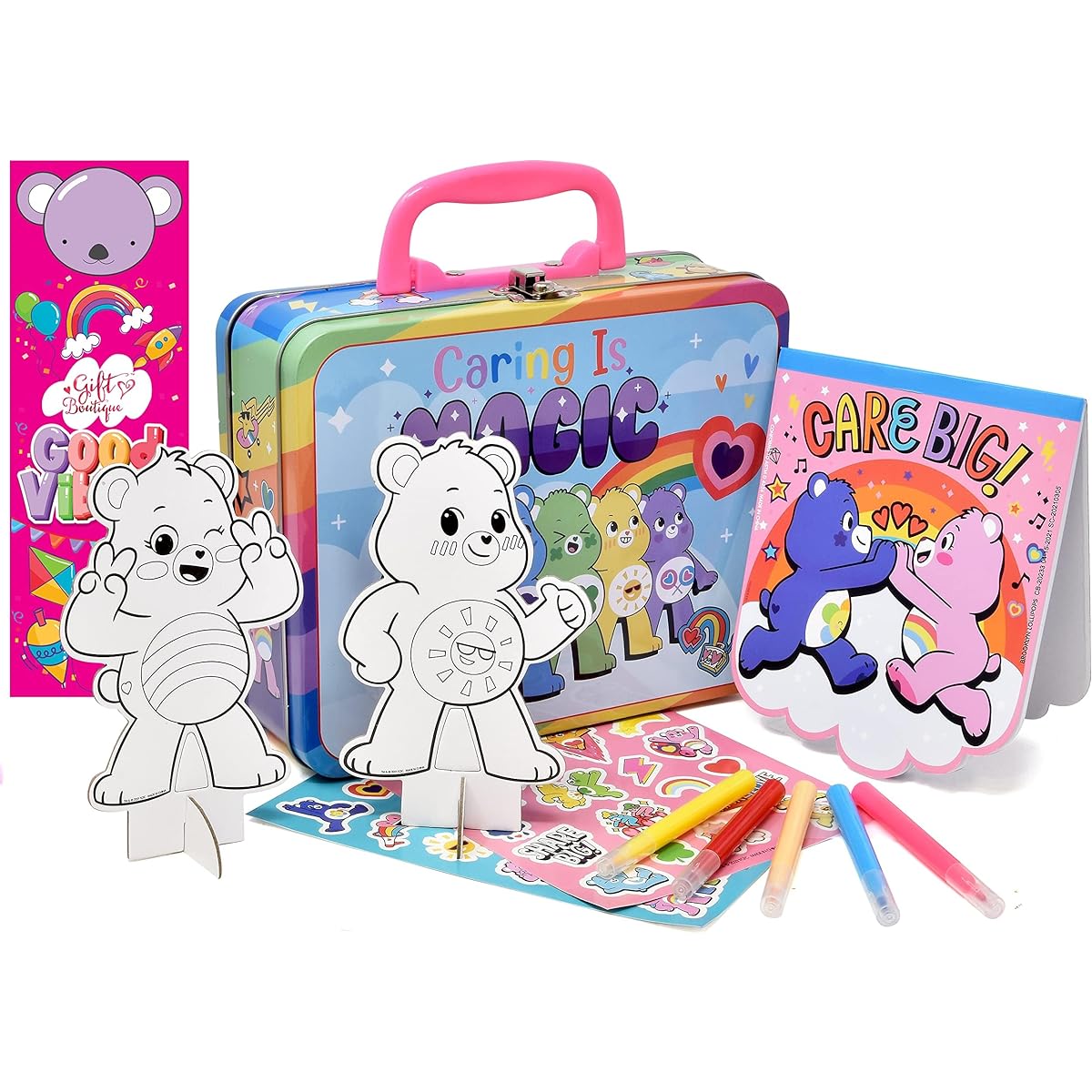 Care Bears Rainbow Stickers and Dream Bright Supplies Tin Box for Sharing and Care Kids Coloring Book Set Drawing Collection Sketchbook Activity Kit in Art Case for Girls, CB20233