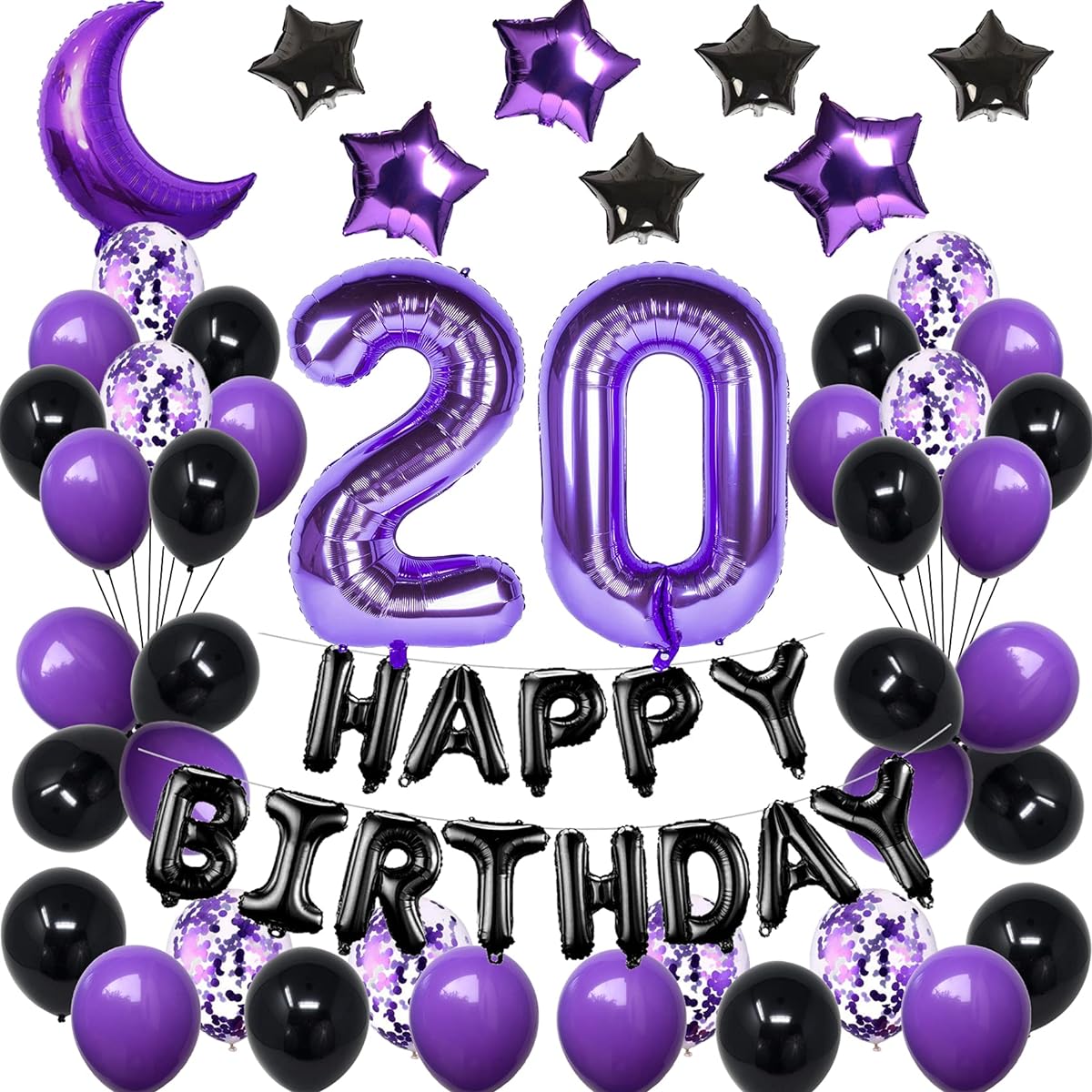 NANINUNENO 20th Birthday Decoration Set for Girls Women Boys Men Purple Black 20 Happy Birthday Party Balloons Purple Number Balloons 20 Happy Birthday Banner and Moon Balloons