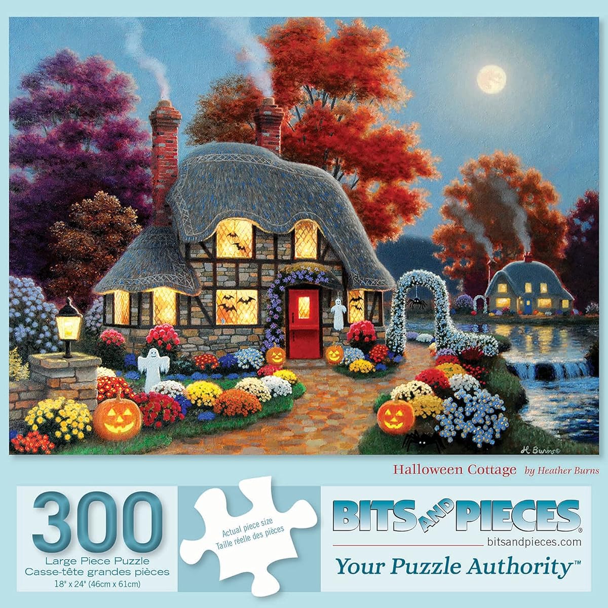 Bits and Pieces Jigsaw Puzzle 300 Pieces for Adults 18" x 24" Halloween Cottage 300 Piece Autumn Fall House with Bats, Pumpkins, Garden, Moon, Night Jigsaw Puzzle by Artist Heather Burns