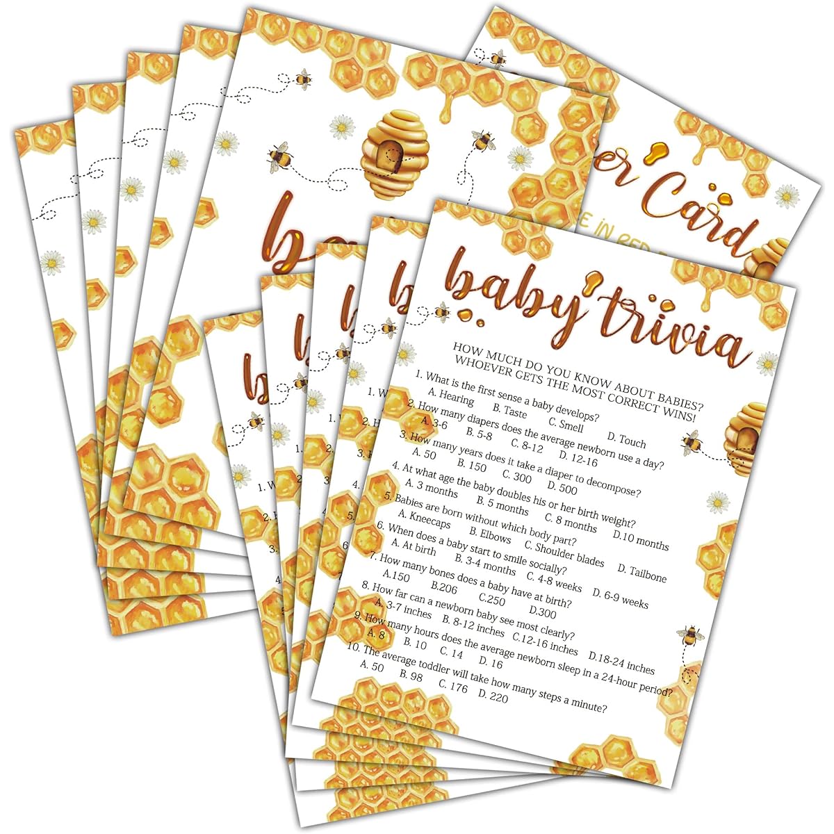Baby Shower Game Set - Baby Trivia Game Cards for Gender Reveal Party - Bumblebee Baby Shower Games & Activities - Honeycomb Party Decorations for Boys and Girls - 30 Game Cards & 1 Answer Card (F02)