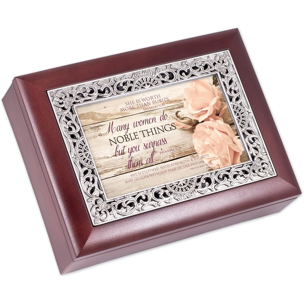 Proverbs 31 Woman Distressed Ornate Rosewood Jewelry Music Box Plays Wonderful World