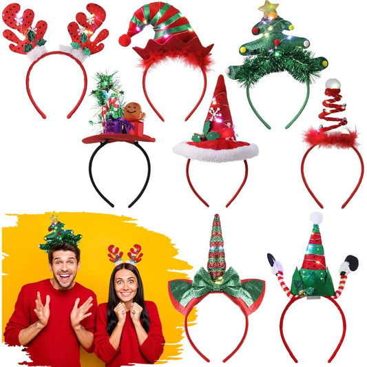 8pcs Christmas LED Headband Light Up Festival Accessories Reindeer Christmas Tree Headpiece Christmas Party Favors