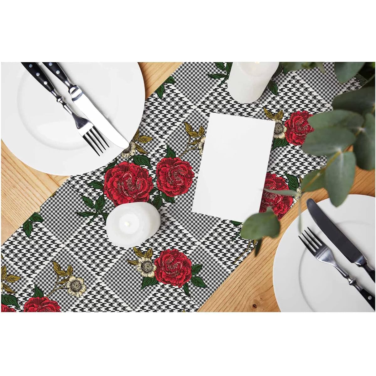 HOSNYE Table Runner Red Rose Flower Black Plaid Cotton Linen Table Runner Decor Kitchen Family Dinner Table Holiday Party Farmhouse Style 13 x 72 Inch