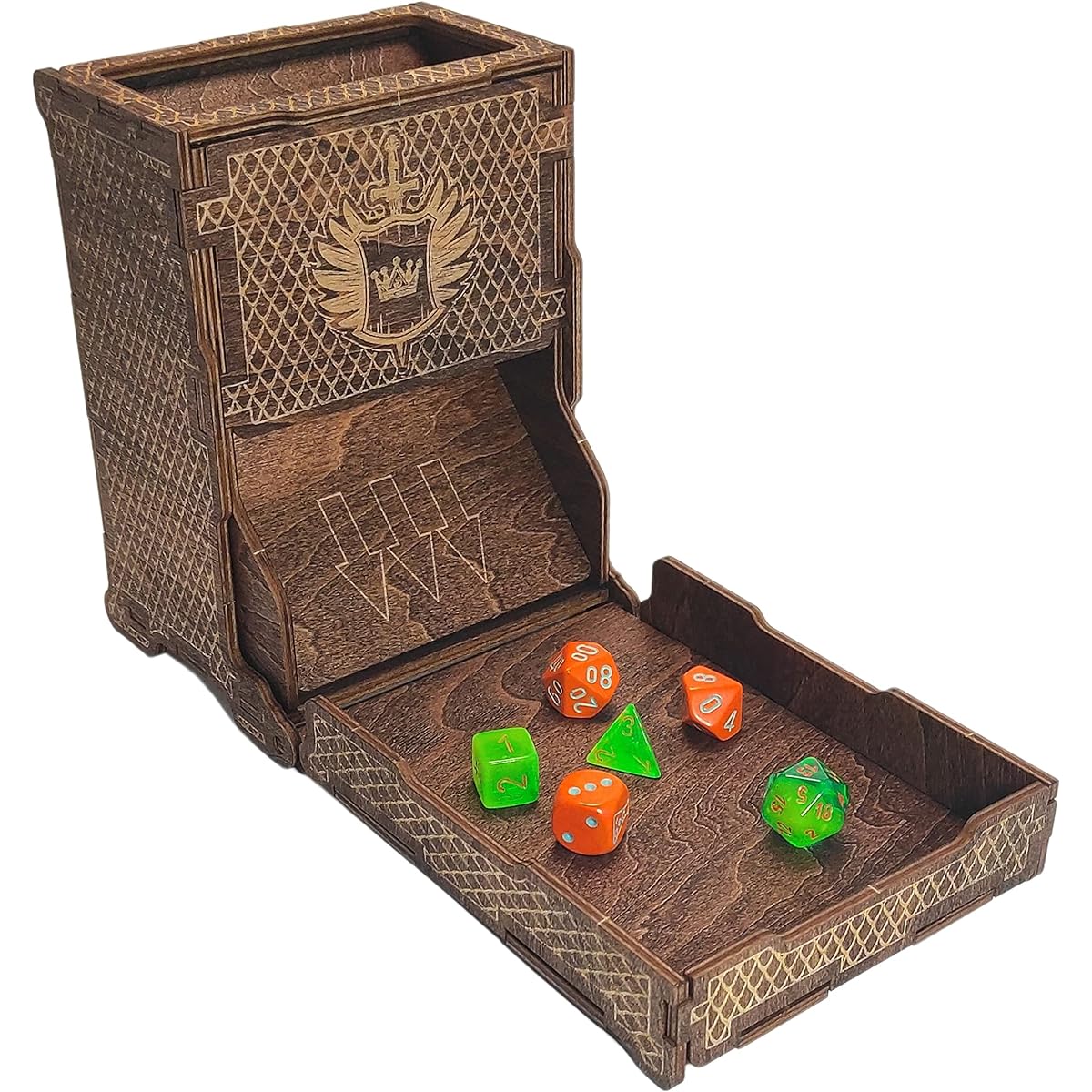 Dice Tower for Dungeons & Dragons Tower with Tray Wooden Laser Etched DND Portable Foldable Dice Roller Perfect for Board Games and Tabletop RPGs
