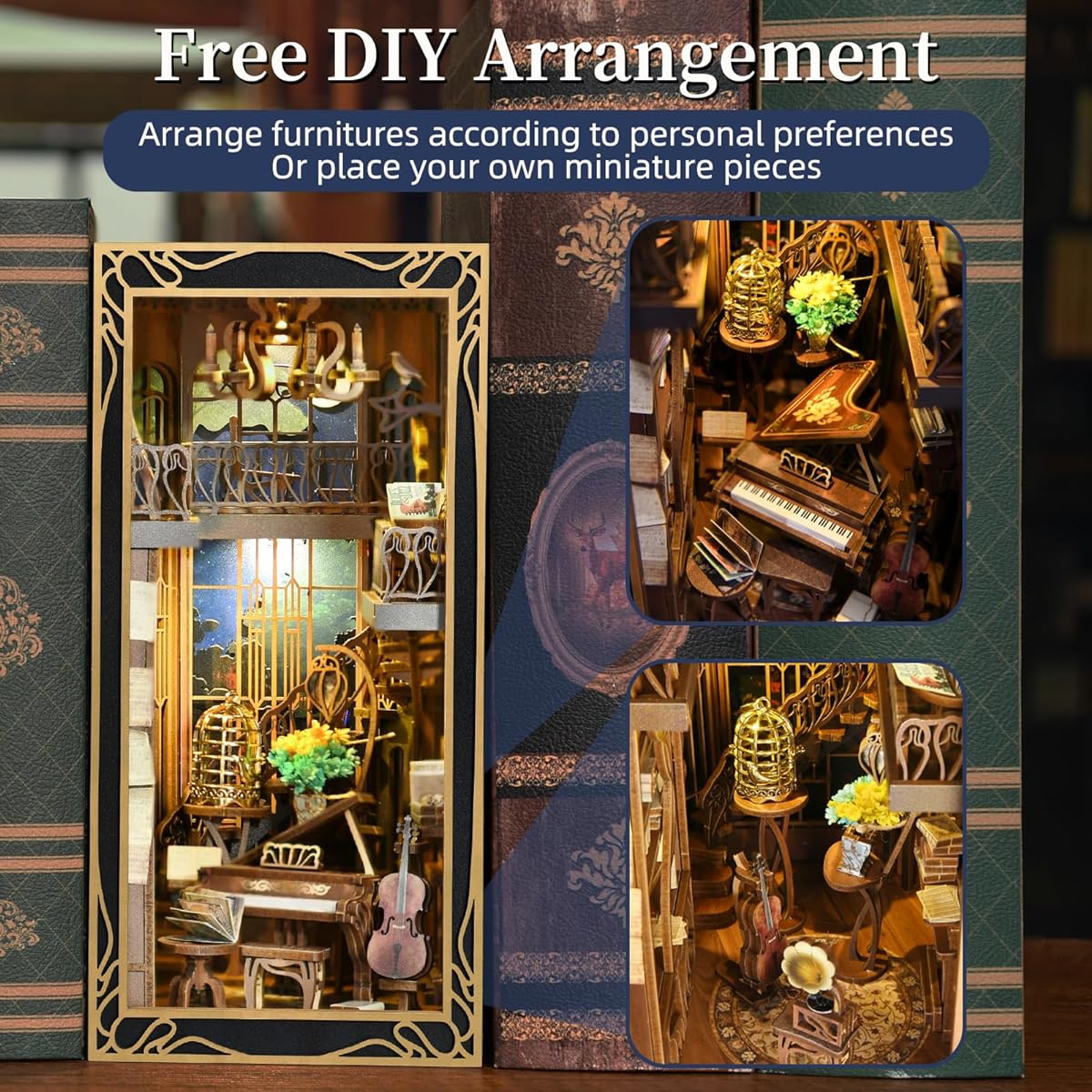 DIY Book Nook Kit,Miniature Dollhouse Book Nook Kit,3D Wooden Puzzle Bookends Bookshelf Inserts Decor with LED Lights for Teens and Adults (The Nightingale and the Pinist)