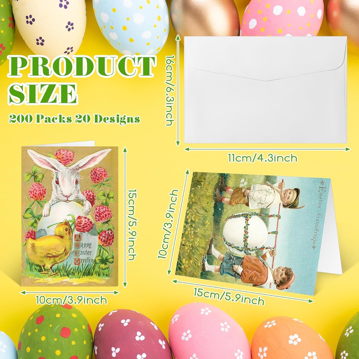 Jetec 200 Pack Easter Cards, Easter Holiday Greeting Card Set, 200 Easter Cards and 200 Envelopes, Easter Cards with Envelopes, 20 Designs, 4 x 6 Inch