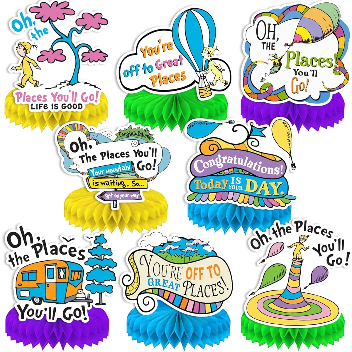 Oh The Places You'll Go Decorations 8 Pieces Themed Honeycomb Centerpieces 3D Double Sided Table Toppers Dr. Seu-ss Party Decorations Graduation Kindergarten Back to School Decorations