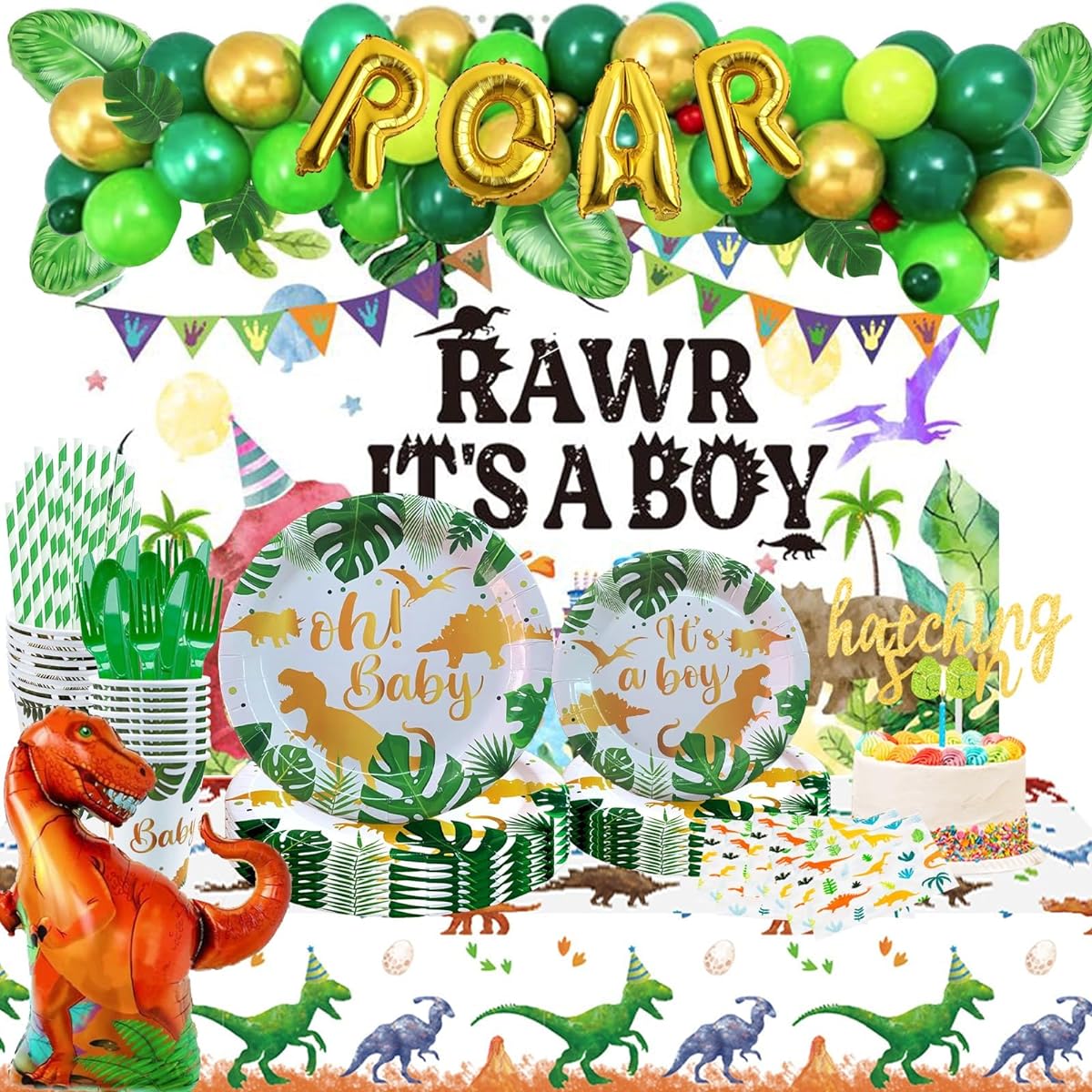 Hombae Dinosaur Baby Shower Decorations for Boys 100 Pieces Dinosaur It's a Boy Baby Shower Party Supplies Background Balloon Garland Artificial Leaves Tablecloth Plates Cups Straws Napkins Knives Forks Spoons