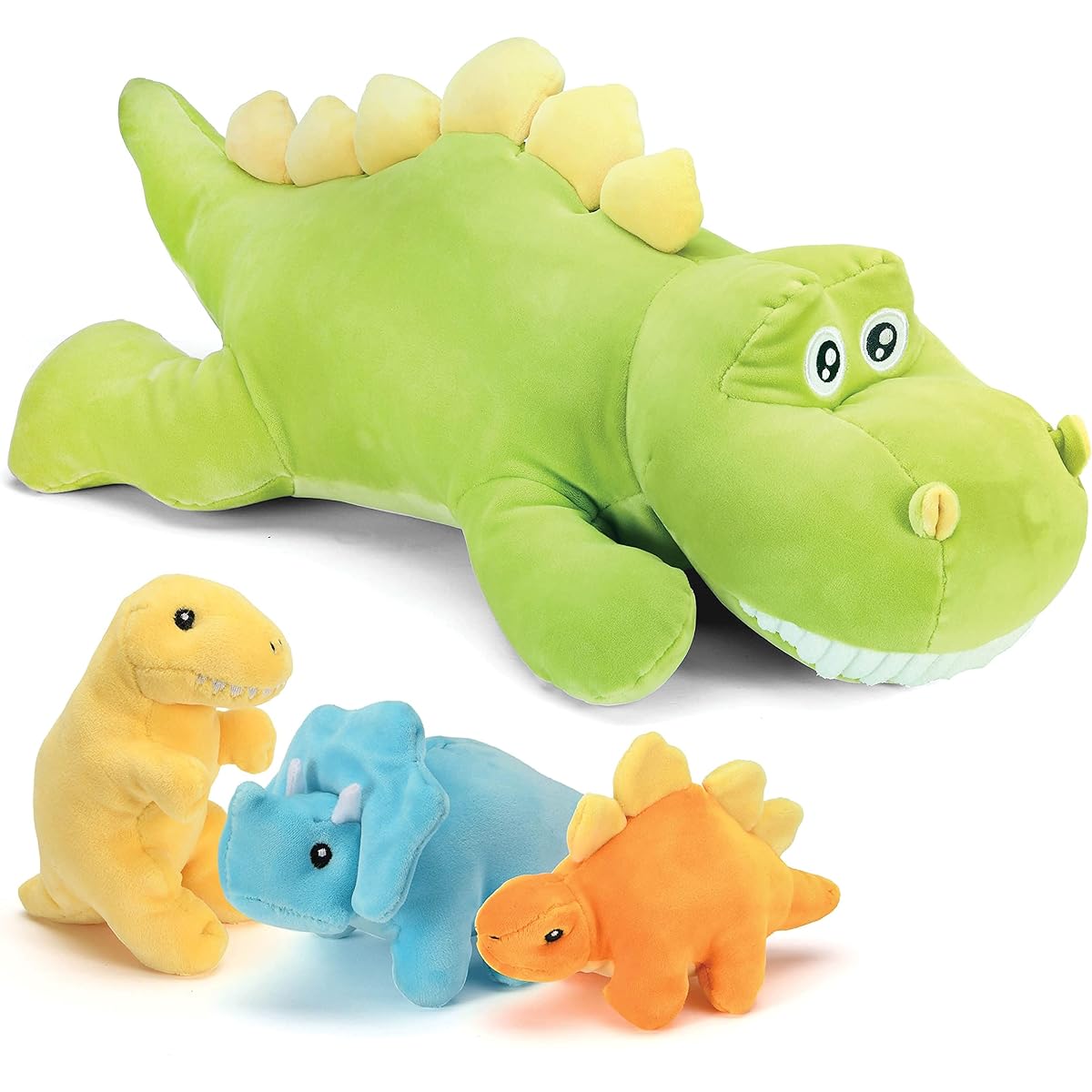 PREXTEX 15" Stegosaurus Dinosaur Stuffed Animal Set with 3 Dino Plush Toys Inside, Large Zippered Pouch Dinosaur for Boys & Girls, Stuffed Animals Dinosaur Toys for Kids 3-5, Colorful & Soft Plushies