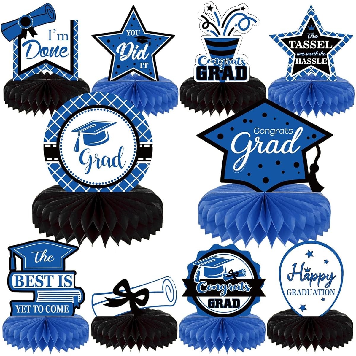 10 Pieces Class of 2023 Graduation Party Decorations 2023 Graduation Honeycomb Centerpieces Table Toppers for Graduation Party Favors (Black Blue)