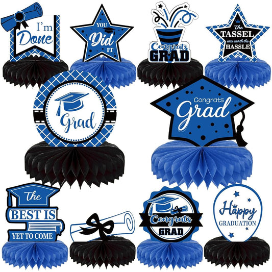 10 Pieces Class of 2023 Graduation Party Decorations 2023 Graduation Honeycomb Centerpieces Table Toppers for Graduation Party Favors (Black Blue)
