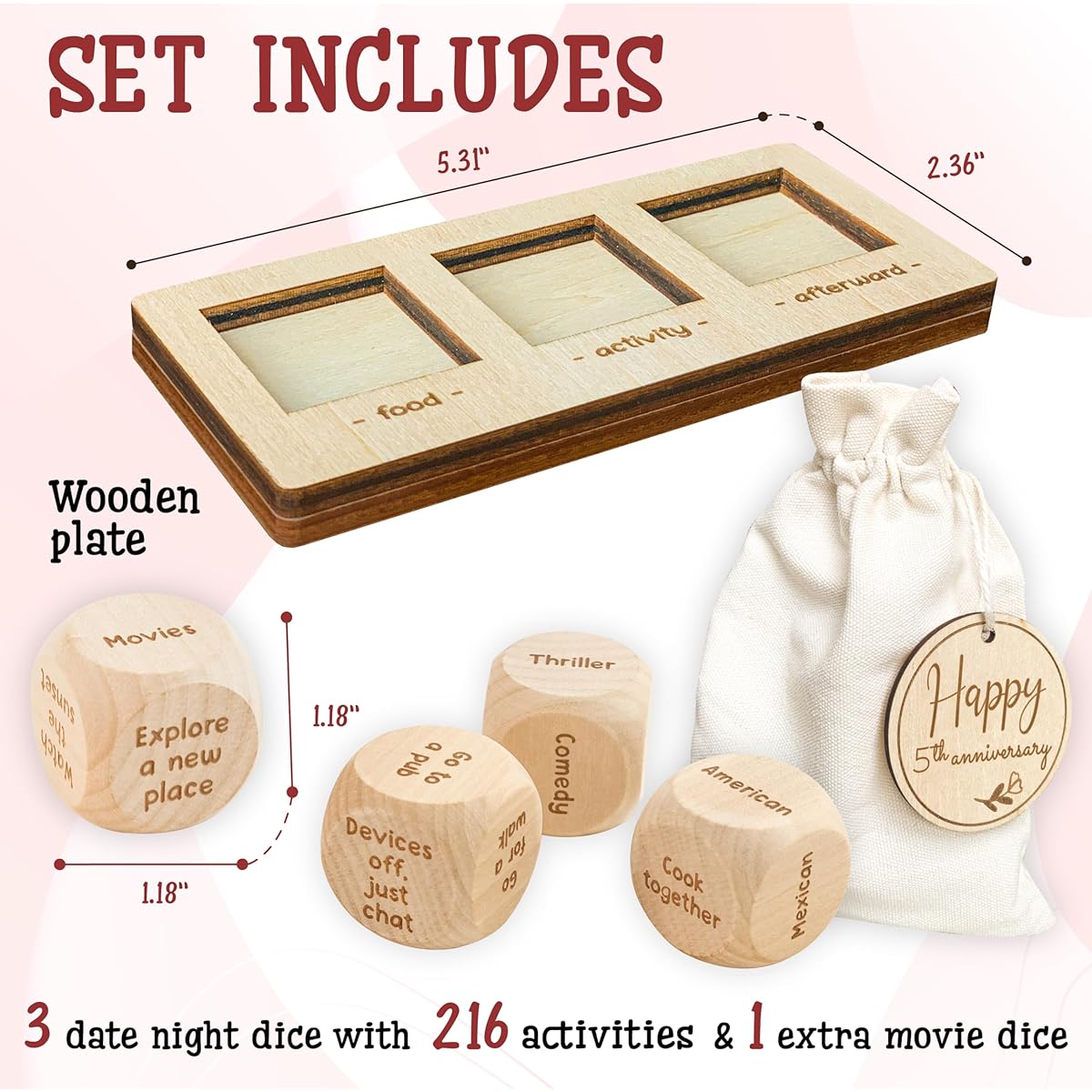 WOODAMORE Date Night Dice for Couples - Happy 5th Food Cube Game Take Out the Dice Decide How to View the Movie Dice