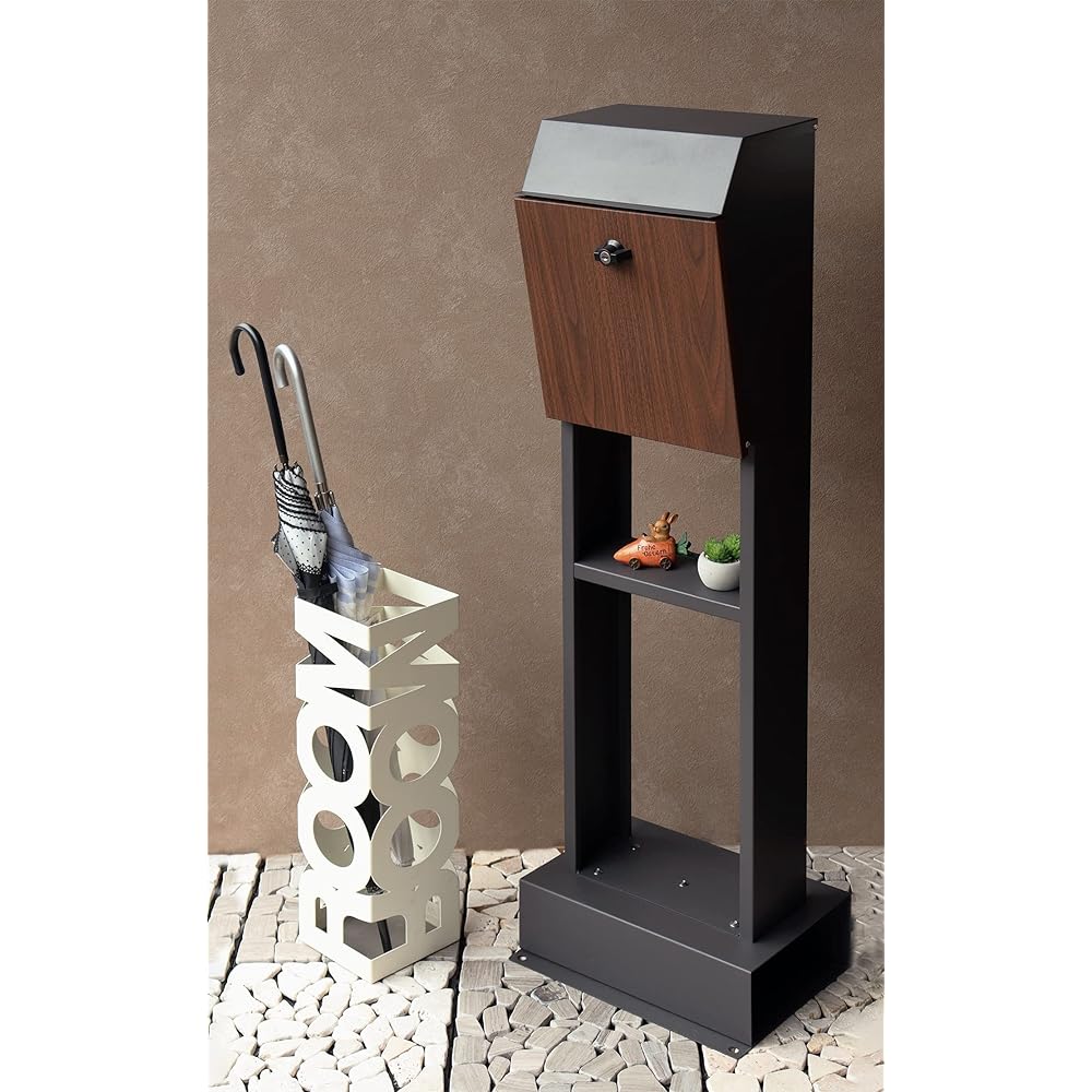 MOJYU Stand Post Fiore Dark Gray/Brown Wood Grain SDM-019 Post Mailbox Mailbox Stylish Mailbox Delivery Box Scandinavian Style with Lock Freestanding Stand High Type Entrance Home Use