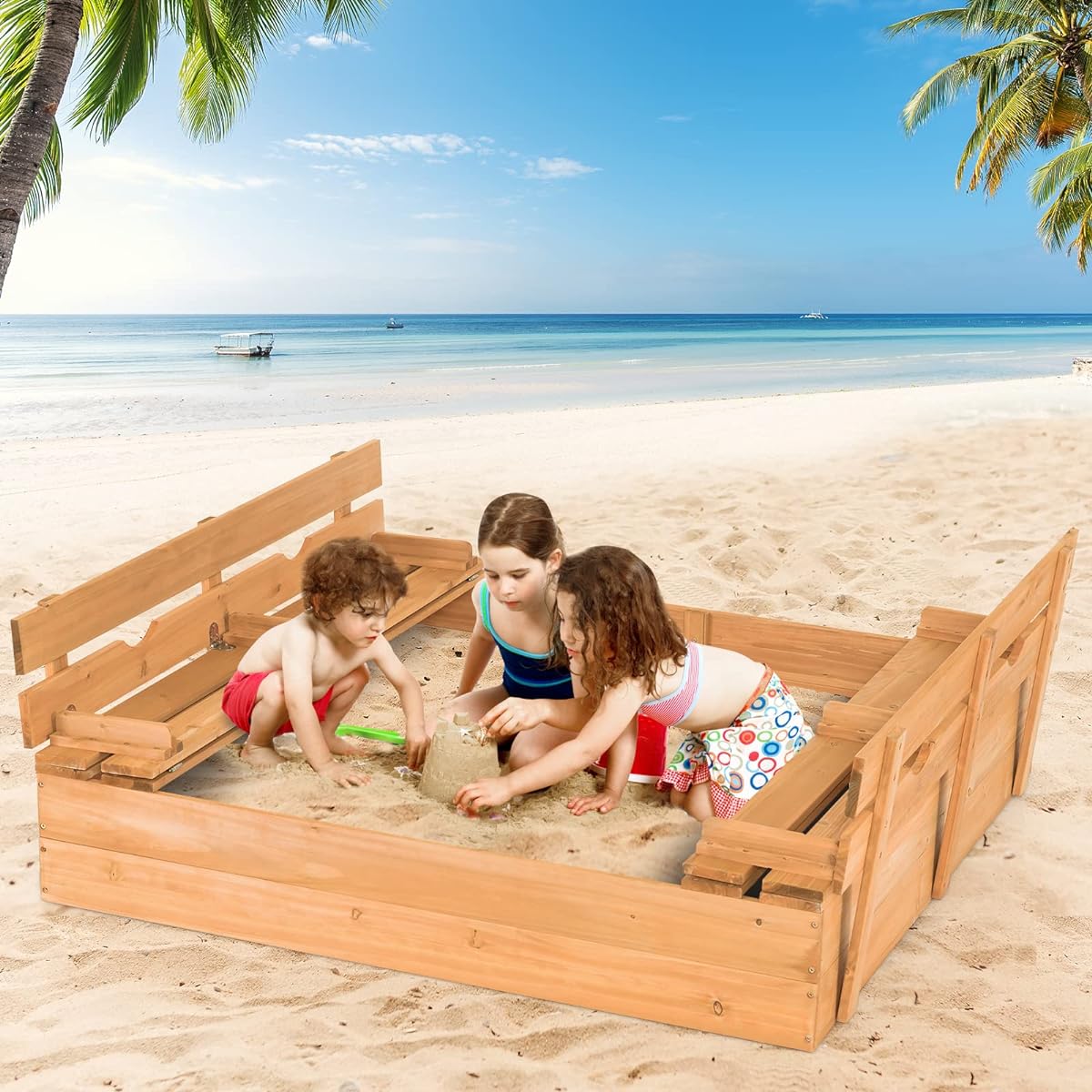 HONEY JOY Sandbox with Cover, 47" x 47" Cedar Bottomless Sandbox for Backyard, Deck, Patio, Lawn, Sand Protection, 2 Foldable Benches, Square Wooden Sandbox for Kids, Outdoor, with Lid