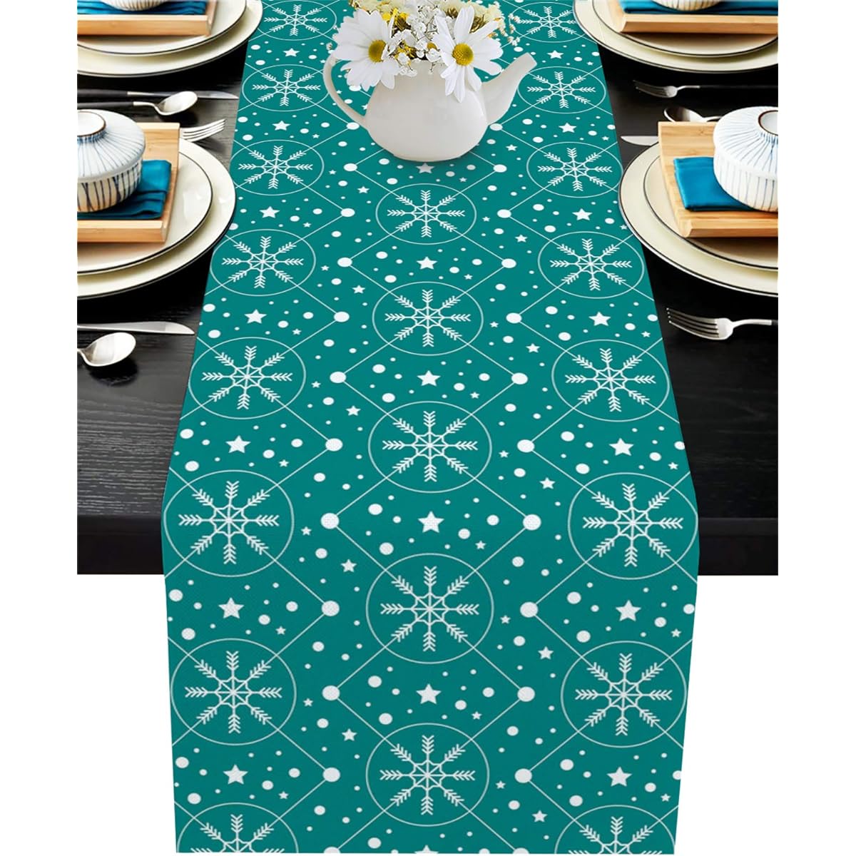 Turquoise Christmas Theme Geometric Square Snowflake Cotton Linen Table Runner Dresser Scarf Rectangle Table Setting Cover for Party Holiday Wedding Farmhouse Kitchen Dinner 13 x 70 Inch