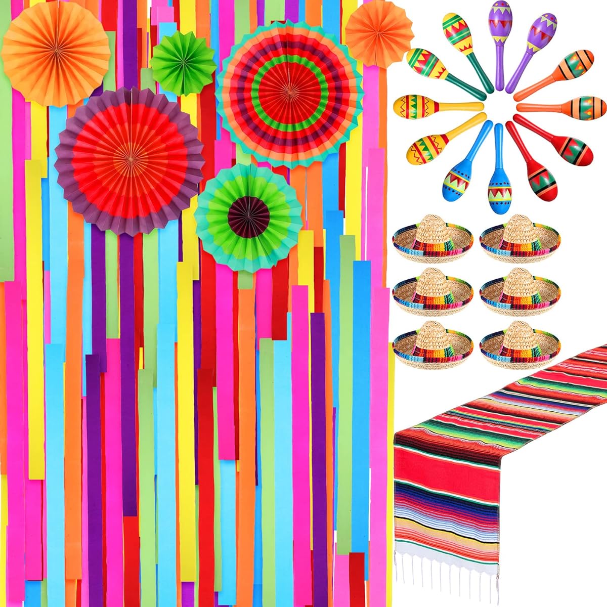 Poen 33 Pieces Mexican Party Decorations, Cinco de Mayo Party Decorations, 12 Wooden Fiesta Maracas, 6 Sombrero Party Hats, Fiesta Backdrop, Table Runner, Paper Fans for Mexican Party
