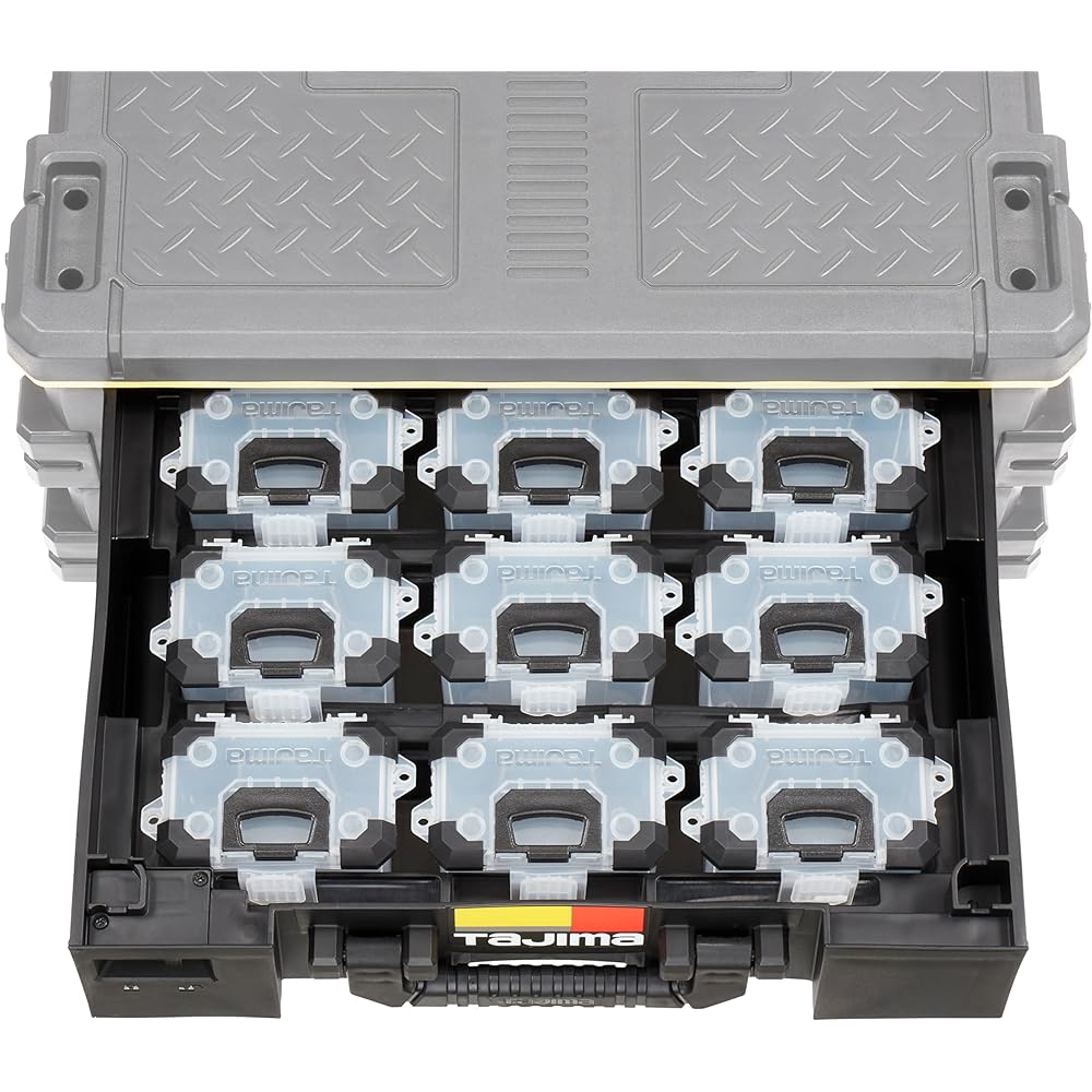 Tajima Safety System Set of 9 safety parts cases S size with tray TB-PCS9 Set of 9 safety parts cases S size and safety parts case tray (with handle) Sorting materials The parts case can also be attached to safety holders and belts Suitable Product: TB-H