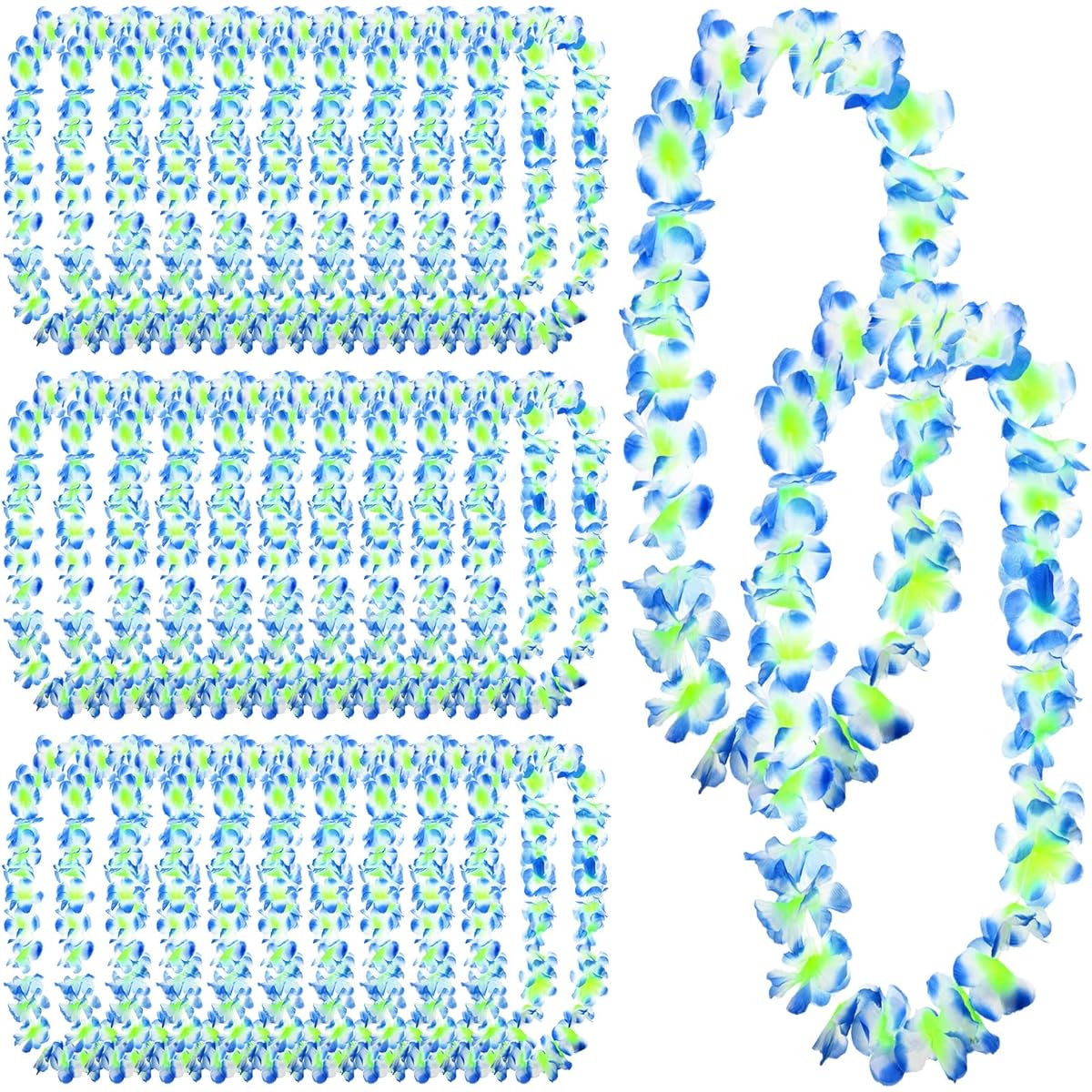 Jexine 50 Count Hawaiian Lei Necklace Tropical Flower Luau Party Artificial Flower Neck Loop Decor Beach Birthday Wedding Dance Garland Headband (Blue)