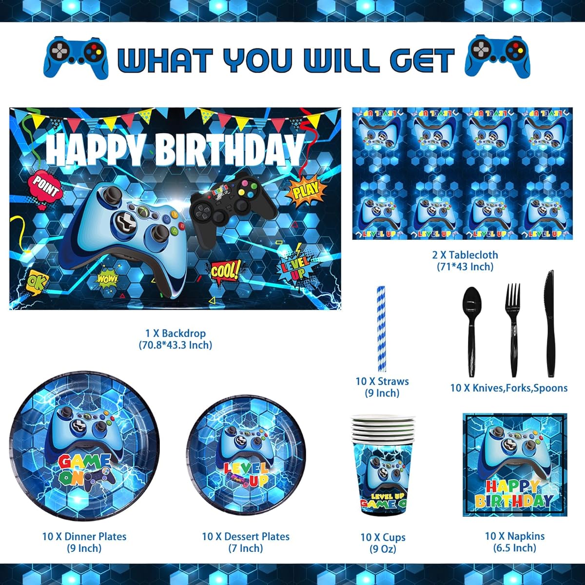 ue Gamer Birthday Party Decorations - 218 Pieces Video Game Gaming Party Supplies for Boy's Birthday Party - Backdrop, Table Cover, Plates, Cups, Napkins, Utensils, Hanging Swirls, Cupcake Toppers, Cupcake Wraps, Stickers, Bracelets & Balloons, Serves 10