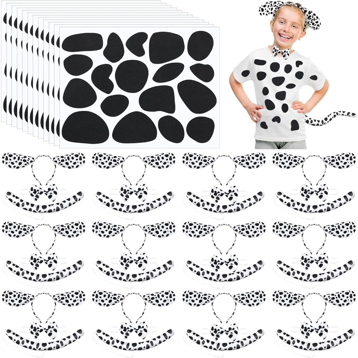 Panitay Halloween Dalmatian Costume Set, Dalmatian Puppy Dog Headband Bow Tie Tail, 216pcs Black Felt Stickers Adhesive Irregular Felt Pads for Adults Kids DIY Costume Cosplay Party Decorations, Set of 12