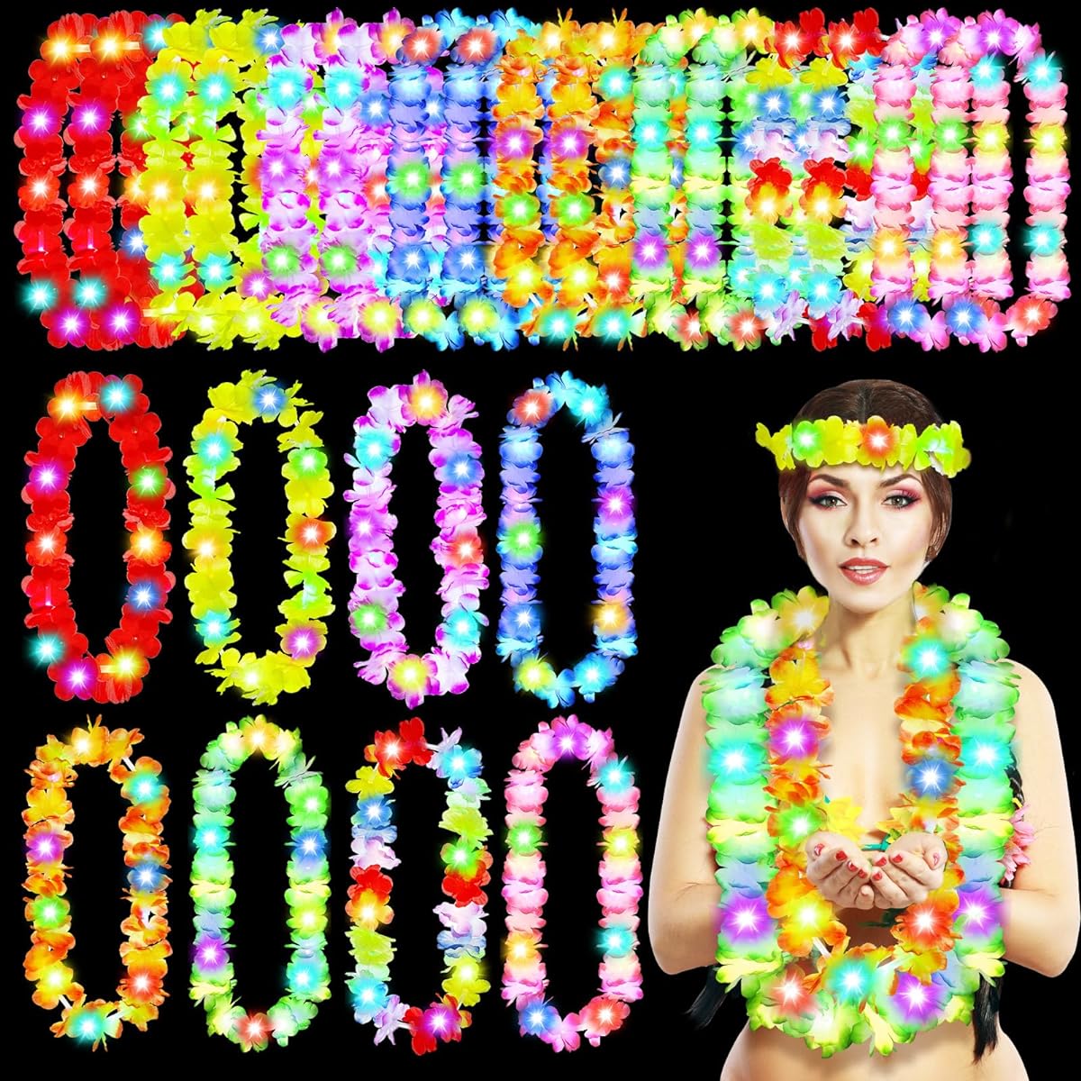 LED Hawaiian Lei Light Up Flower Lei Tropical Glow Necklace Lighted Lei Artificial Rainbow Lei for Kids/Adults Hawaii Luau Themed Party Carnival Beach Wedding Masquerade Holiday Supplies (24 Pieces)