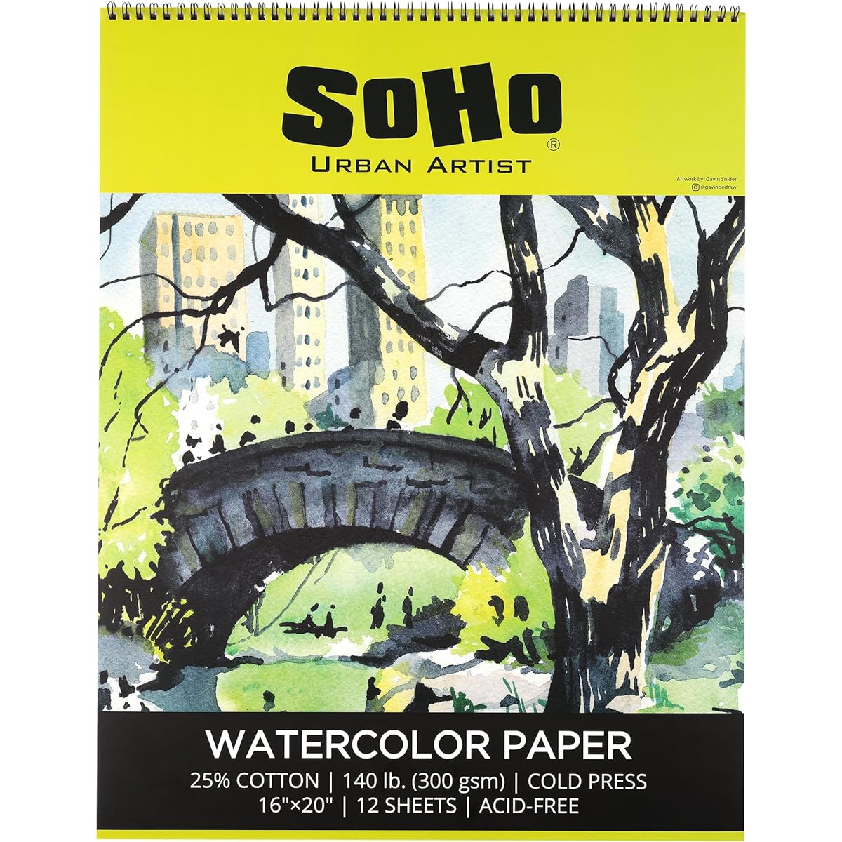 SoHo Urban Artist Watercolor Spiral Pad 16x20" - 140lb Cold Press Acid Free ECF 12 Pages