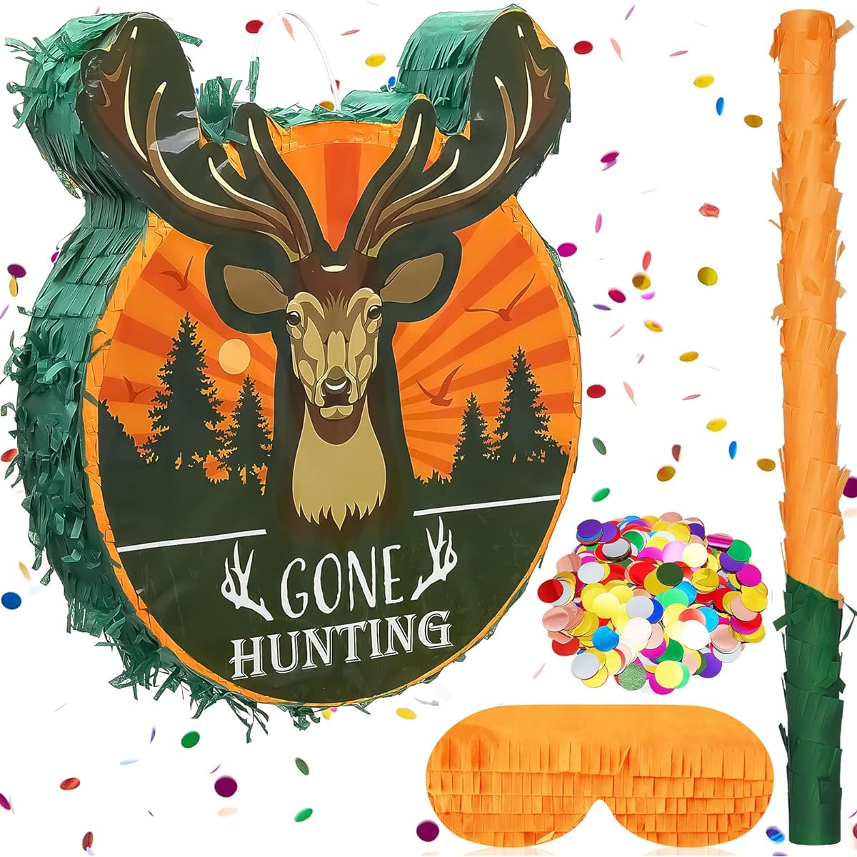 Deer Pinata Hunting Camouflage Birthday Party Decoration Wild Jungle Animal 3D Reindeer Pinata Blindfold Bat Round Sequin Baby Shower Safari Theme Party Supplies 12.3 x 2.8 x 15.3 inches