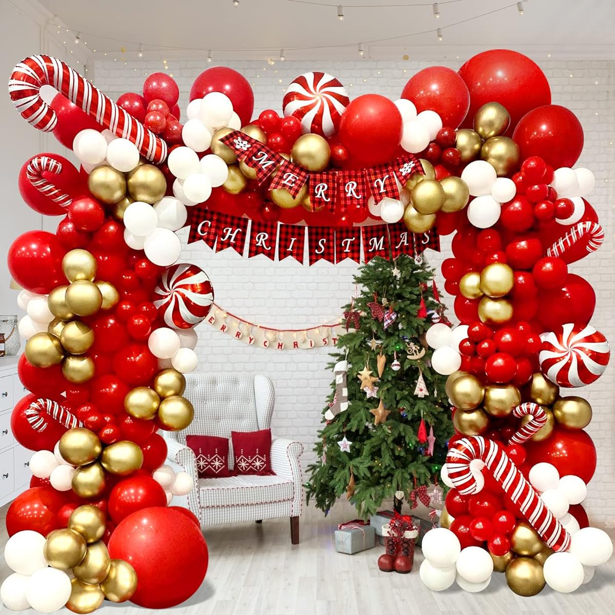 DBKL Christmas Balloon Garland Arch Kit 153pcs Christmas Red Gold White Balloons Candy Cane Foil Balloons Christmas Party Decorations Birthday Christmas Party Supplies