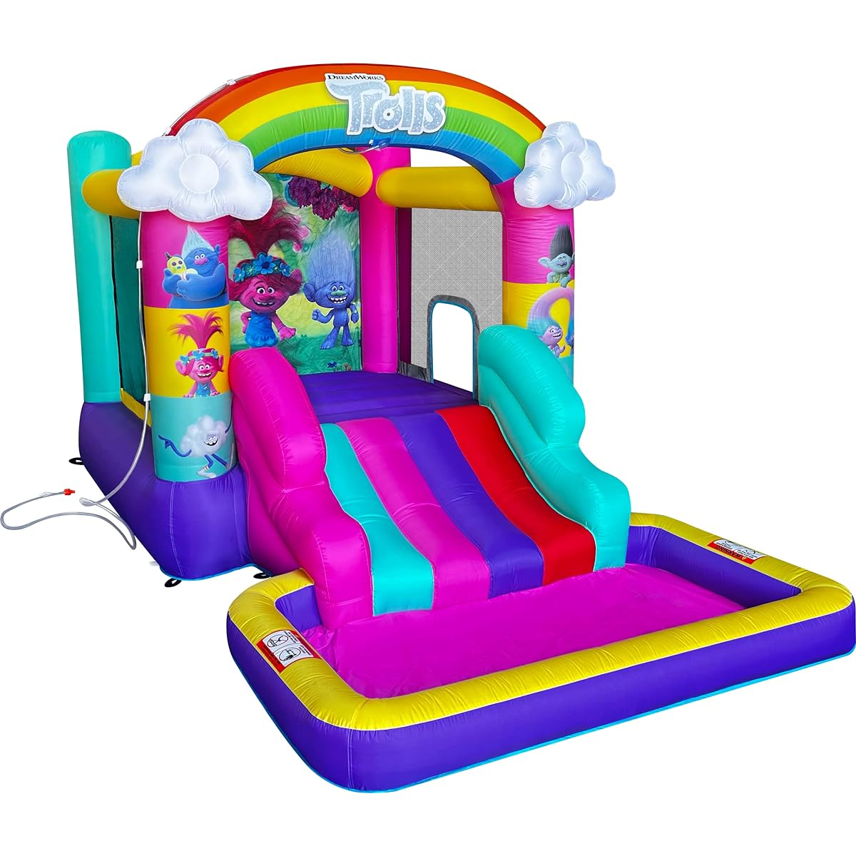 Funormous Trolls Band Together Inflatable Bouncy Castle with Slide, Outdoor Indoor Bounce House with Ball Pit for Kids Ages 3-8, Plus Heavy Duty Air Blower