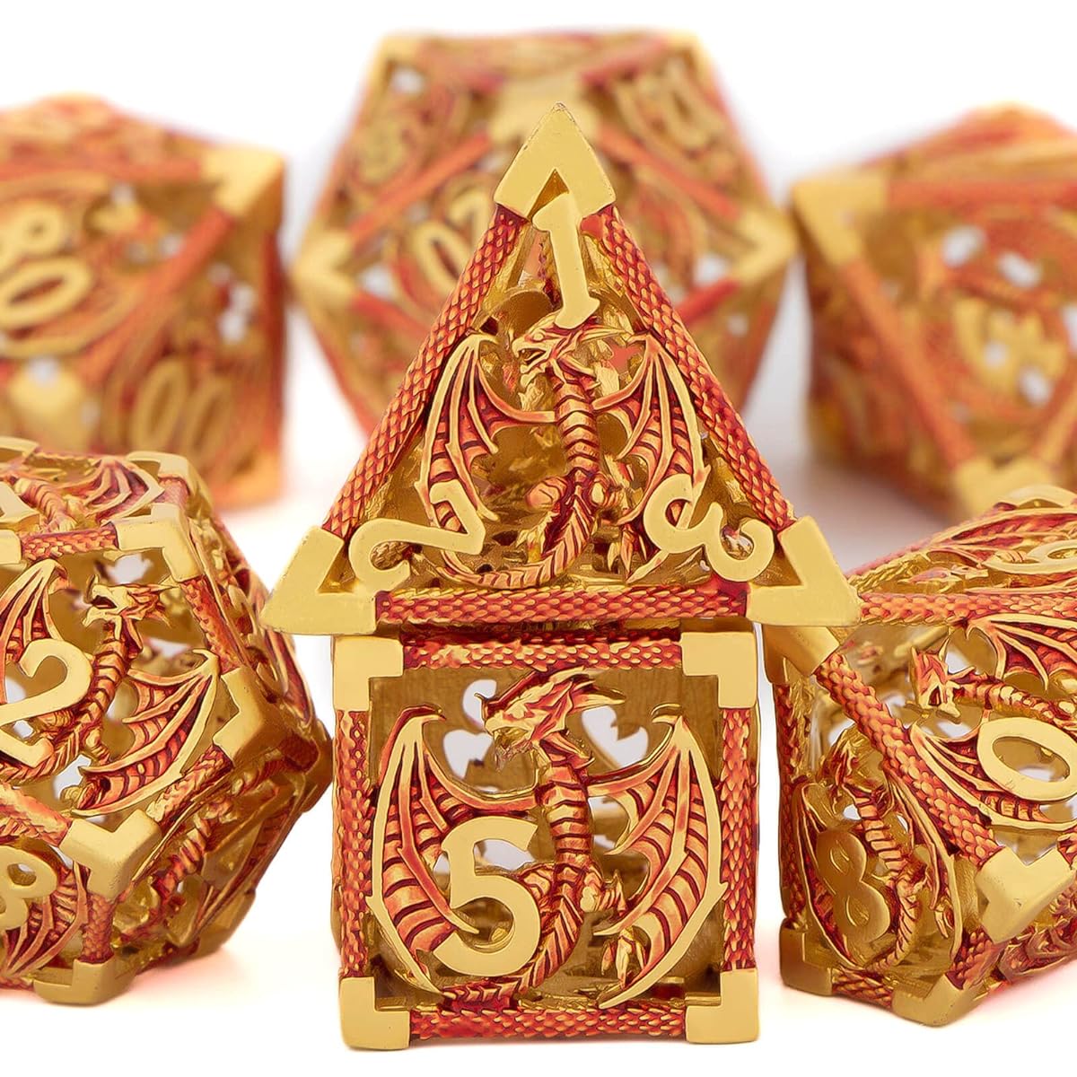 OUKELANWO Metal Hollow DND Dice Set D&D with Gift Box, Red Polyhedral Role Playing Dice, Dungeons & Dragons Dice, 7 Pieces RPG D&D Dice D20 D12 D10 D8 D6 D4