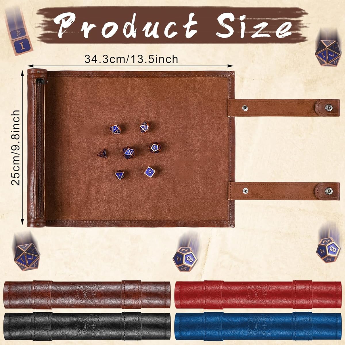Sadnyy Dice Tray Rolling Mat with Zipper and Dice Holder Polyhedral Folding Dice Tray PU Leather Scroll Dice Bag for Dice Table Game Accessories Black Red Blue Brown
