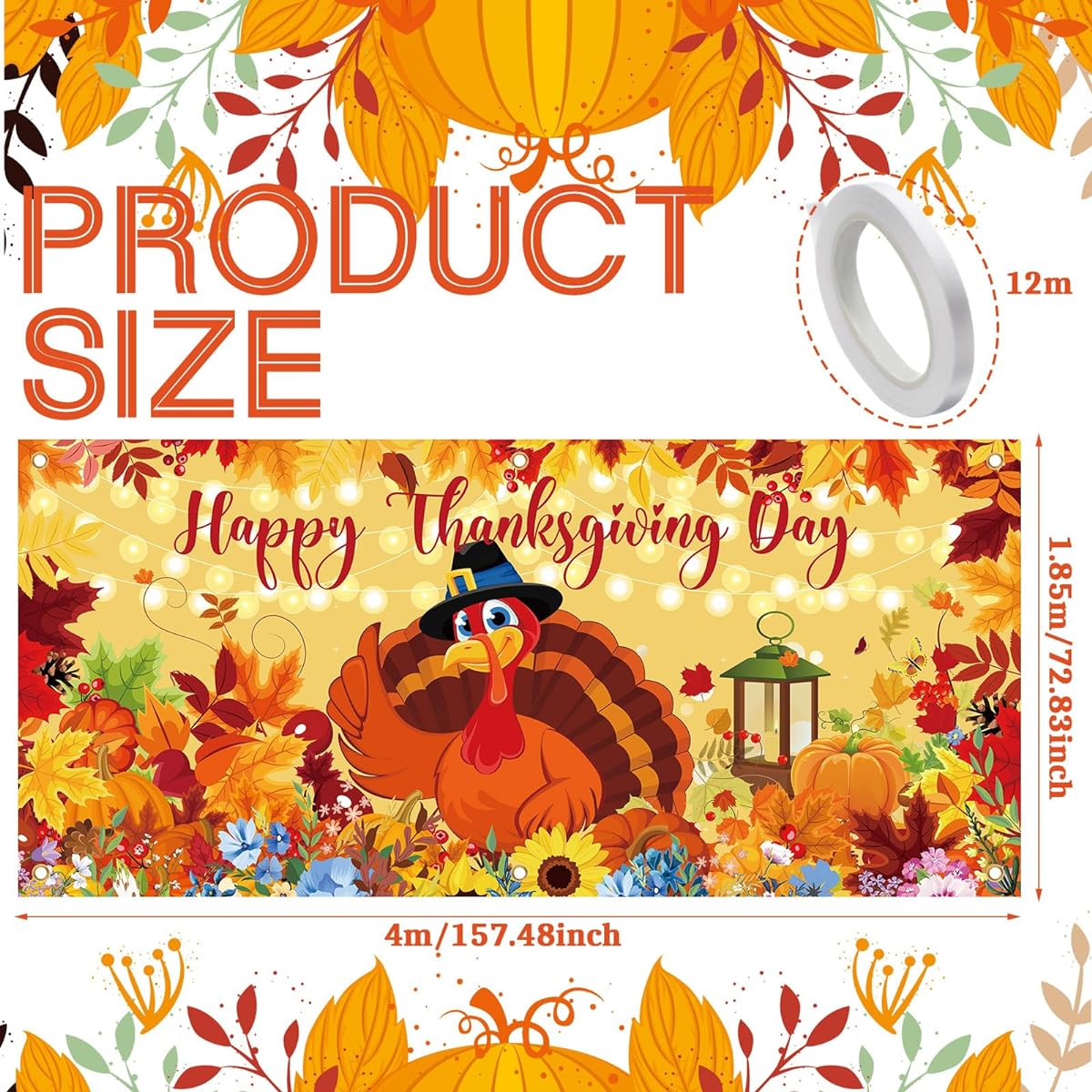 6 x 13ft Extra Large Happy Fall Backdrop Autumn Garage Door Banner Autumn Backdrop with White Rope, Fall Pumpkin Wall Banner for Fall Hanging Thanksgiving Party Decoration (Vivid Style)
