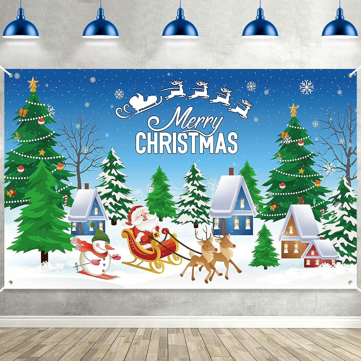 Merry Christmas Banner Backdrop,Extra Large Christmas Background Banner with Santa Claus and Snowman Christmas Photo Backdrop Wall Decor Holiday Indoor Party Supplies 6x4ft Blue