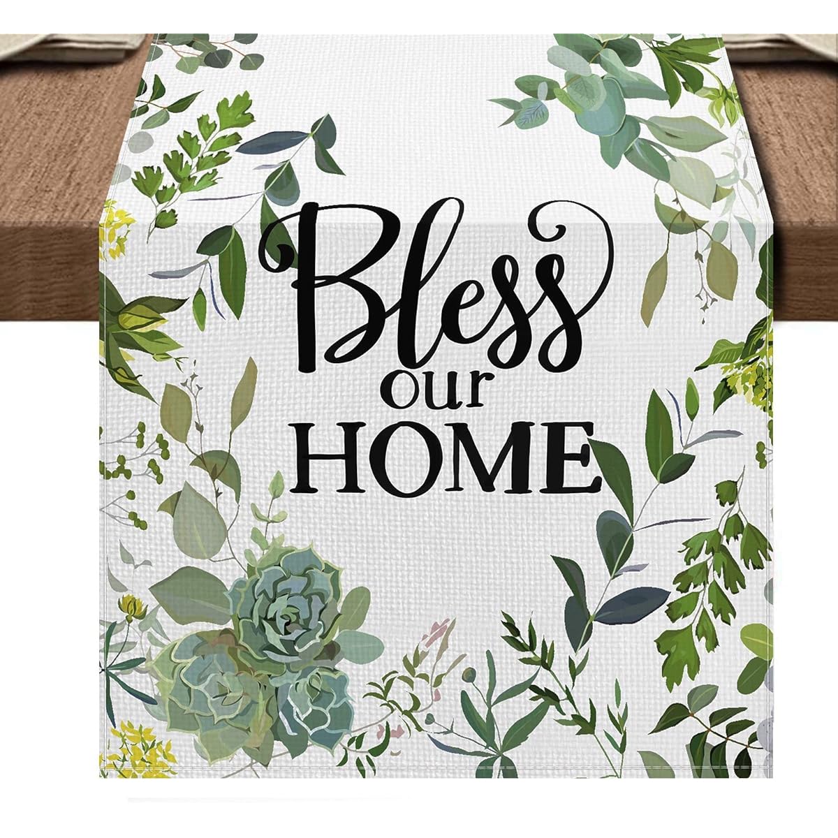 Spring Flower Table Runner - Bless Our Home Tabletop Cloth Dinning Room Decor - White Green Eucalyptus Flowers Seasonal Holiday Kitchen Dining Home Decoration 33cm x 72inch