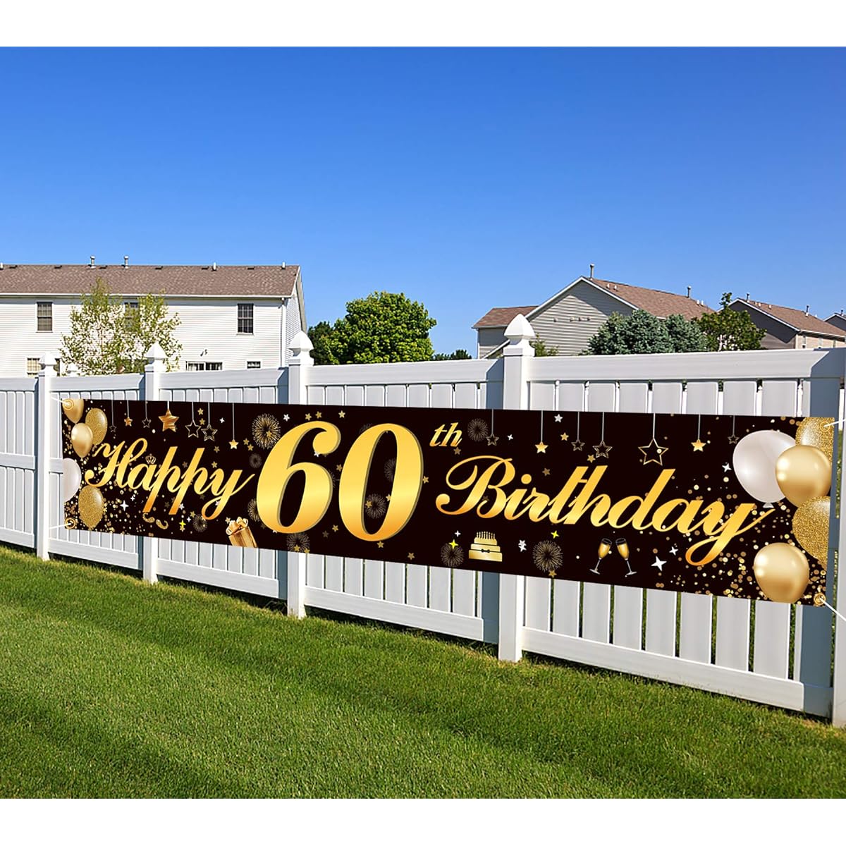 Happy 60th Birthday Banner, Birthday Party Sign, Backdrop Banner for Unisex, Cheer on 60, Durable Black & Gold Glitter Birthday Sign, Yard Sign, 60th Birthday Party Decorations Supplies (60 Black)